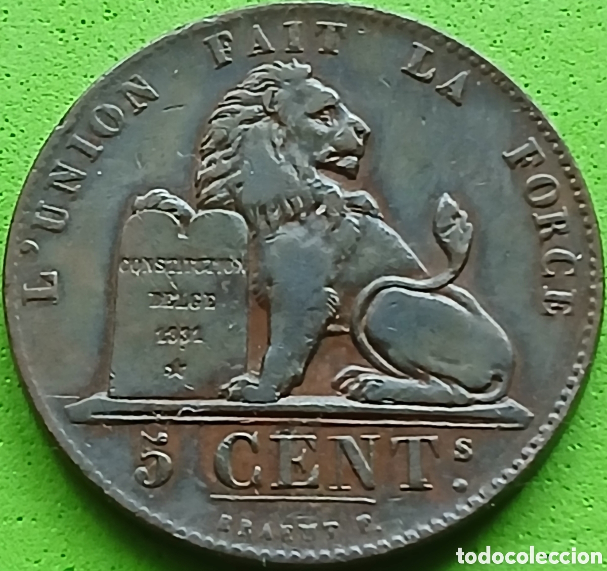 Monedas antiguas de Europa: B&eacute;lgica 5 c&eacute;ntimos 1850 km#5 marca de dise&ntilde;ador con punto