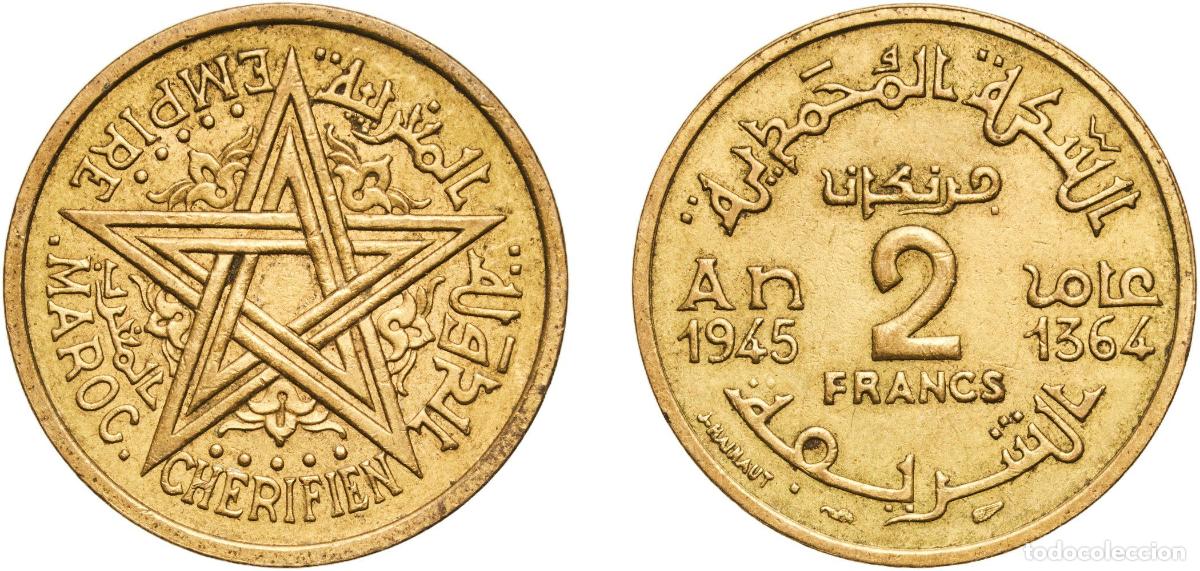 Monedas antiguas de Europa: Morocco Kingdom AH1364 (1945) 2 Francs - Mohammed V Aluminium bronze Paris Mint (12000000) 8g AU Y