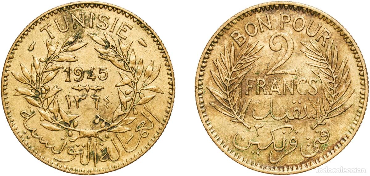 Monedas antiguas de Europa: Tunisia French Protectorate AH1364 (1945) 2 Francs (Chambers of Commerce Coinage) Aluminium bronze