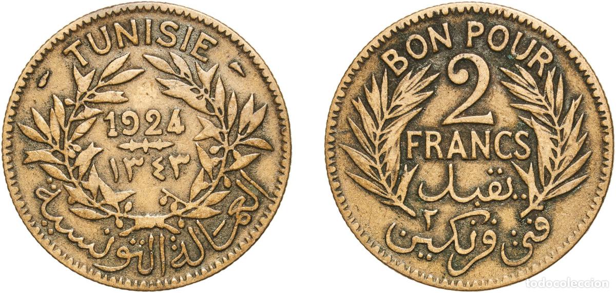 Monedas antiguas de Europa: Tunisia French Protectorate AH1343 (1924) 2 Francs (Chambers of Commerce Coinage) Aluminium bronze