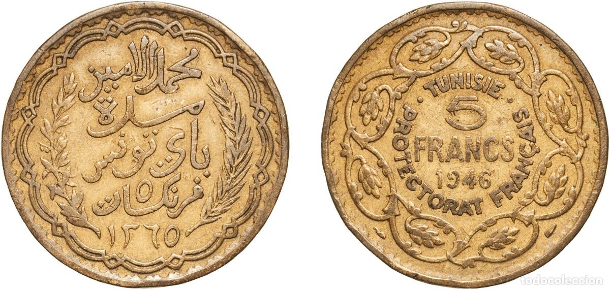 Moedas antigas da Europa: Tunisia French Protectorate AH1365 (1946) 5 Francs - Muhammad VIII Aluminium bronze Paris Mint (100