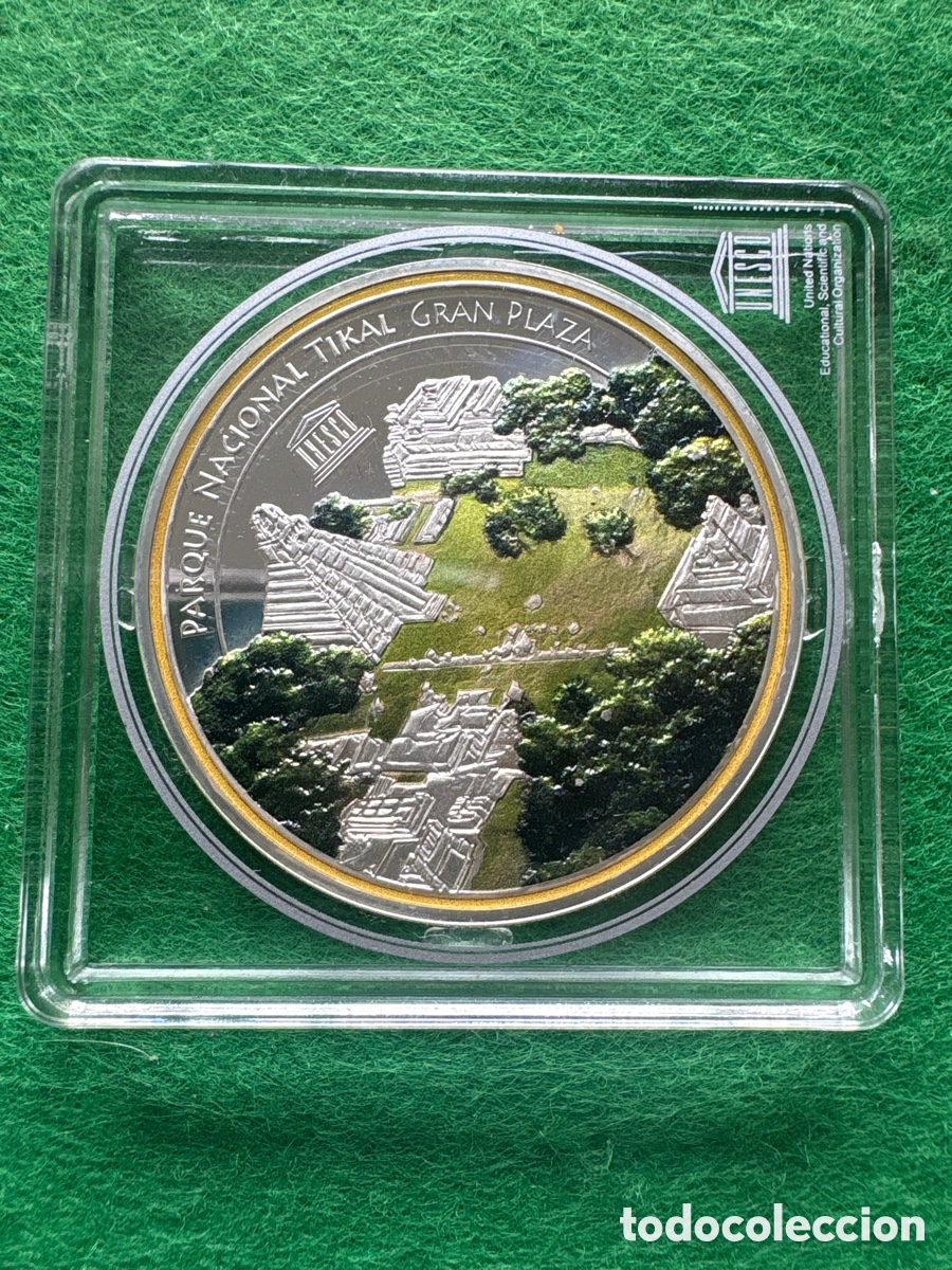 Monedas antiguas de Europa: Salida 1 c&eacute;ntimo, Moneda plat coloreada 1 Quetzal Guatemala, Unesco, 27 gramos (A6)