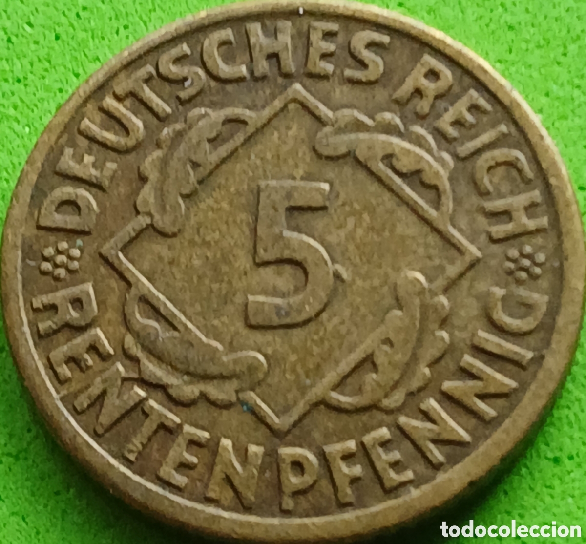 Monedas antiguas de Europa: Alemania Rep&uacute;blica de Weimar 5 rentenpfennig 1924 G km#32 con exceso de metal en el reverso