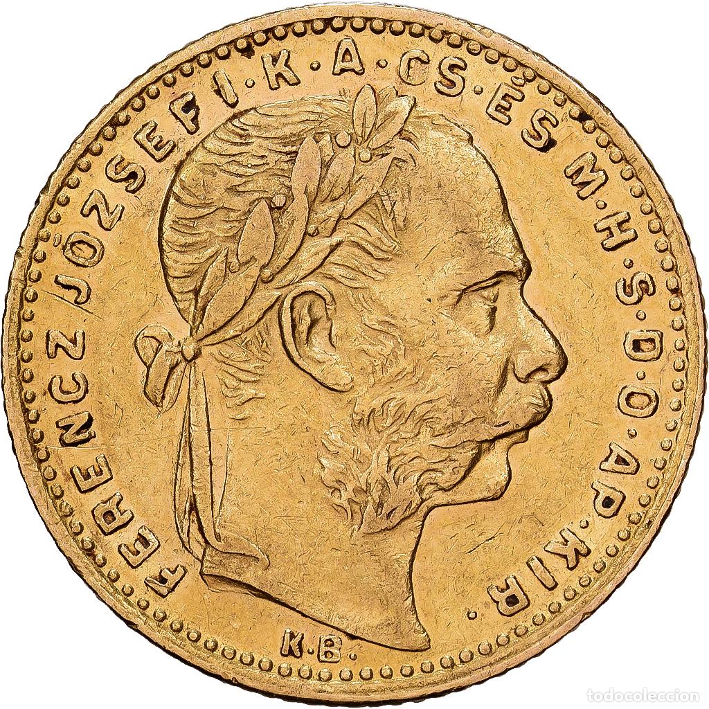 Old Coins of Europe: [#1121620] Hungr&iacute;a, 8 Forint 20 Francs, Franz Joseph I, 1885, Oro, MBC, KM:455.1