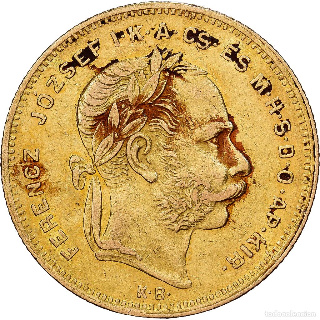 Old Coins of Europe: [#1121599] Hungr&iacute;a, 8 Forint 20 Francs, Franz Joseph I, 1877, Oro, MBC+, KM:455.1