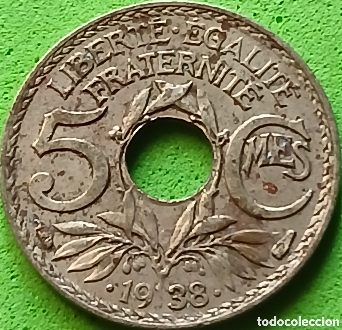 Monedas antiguas de Europa: Francia 5 c&eacute;ntimos 1938 km#875a puntos ,ceca &rdquo;Cronucopia&rdquo; - Par&iacute;s