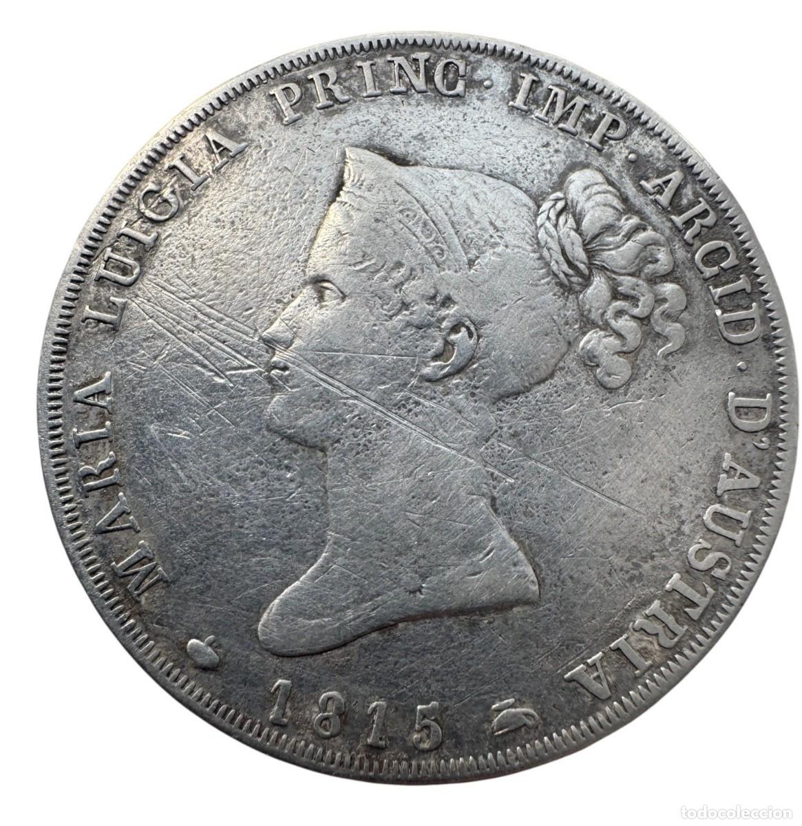 Monedas antiguas de Europa: Italia. M&ordm; Luisa de Parma 5 Liras 1815. Rayas en reverso por lo dem&aacute;s MBC-/MBC