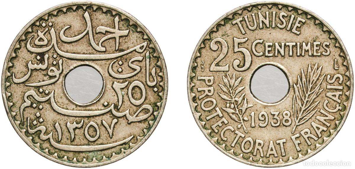Monedas antiguas de Europa: Tunisia French Protectorate AH1357 (1938) 25 Centimes - Ahmad II Aluminium-nickel bronze Paris Mint