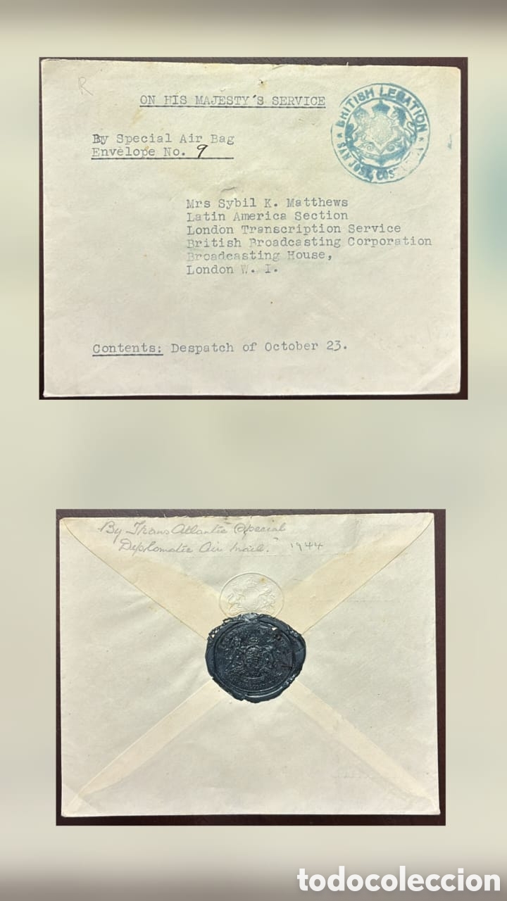 Monedas antiguas de Europa: CA)United Kingdom.1944. Diplomatic Airmail Service. Official envelope marked &ldquo;ON HIS MAJESTY&rsquo;S SERVI