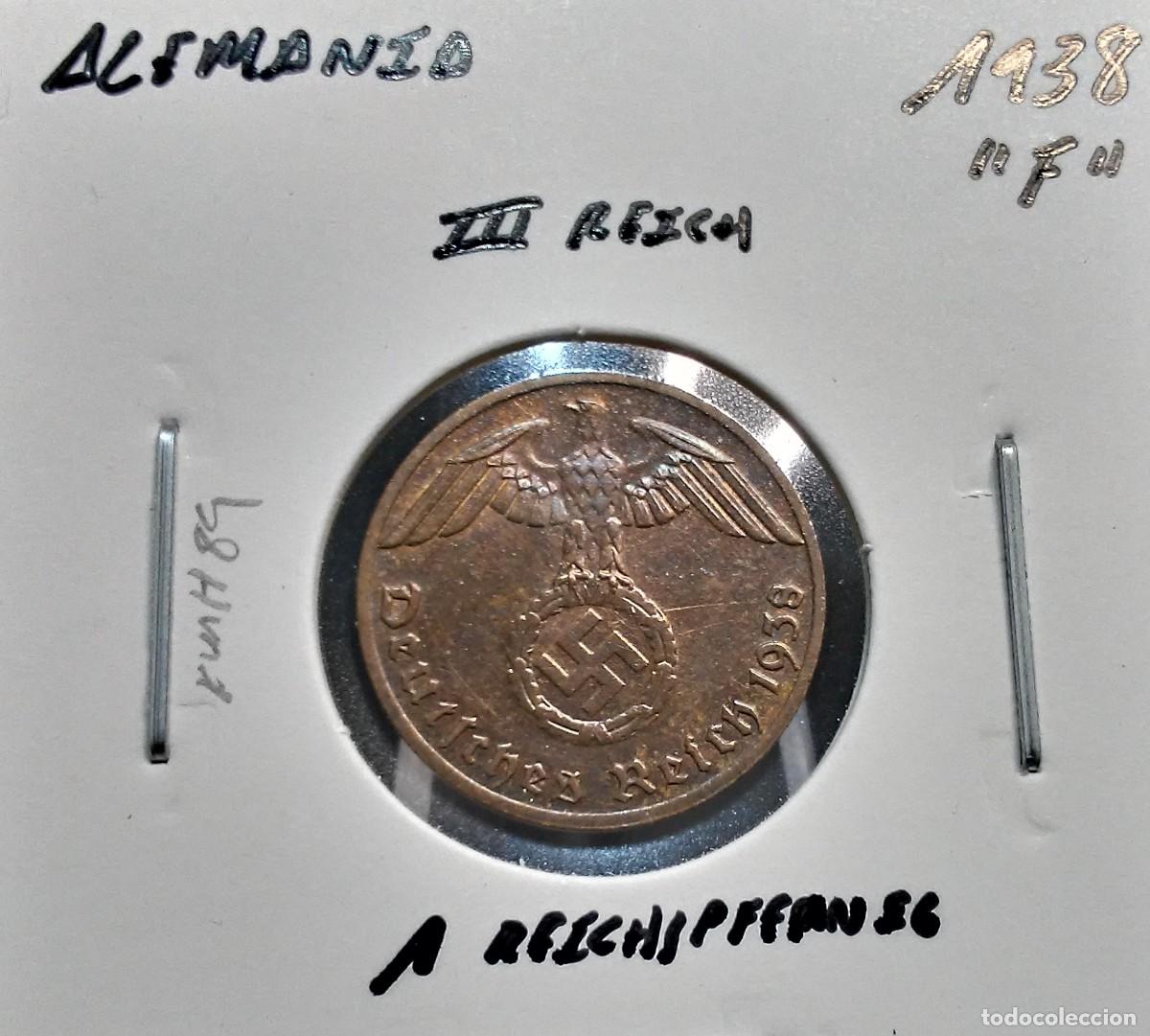 Monedas antiguas de Europa: ALEMANIA III REICH 1 REICHSPFENNIG 1938 F KM#89 MBC+.