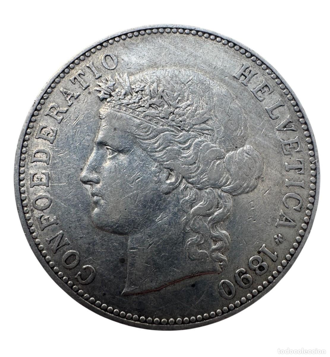Monedas antiguas de Europa: Suiza. 5 Francos 1890 Berna 25,00 gr Ag KM# 34 MBC/VF