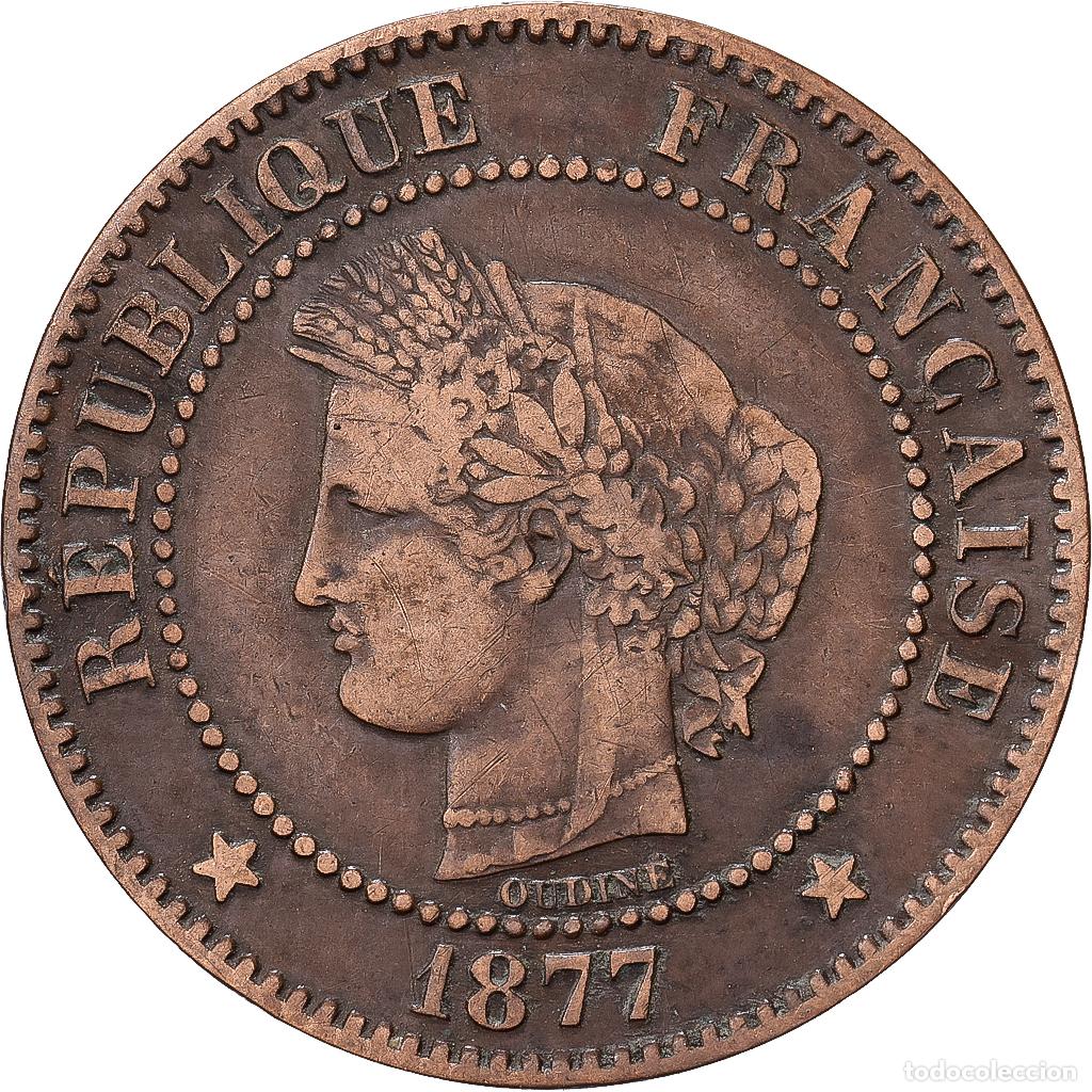 Old Coins of Europe: [#1551073] Francia, 2 Centimes, C&eacute;r&egrave;s, 1877, Paris, Petit A, Bronce, BC+, Gadoury:105