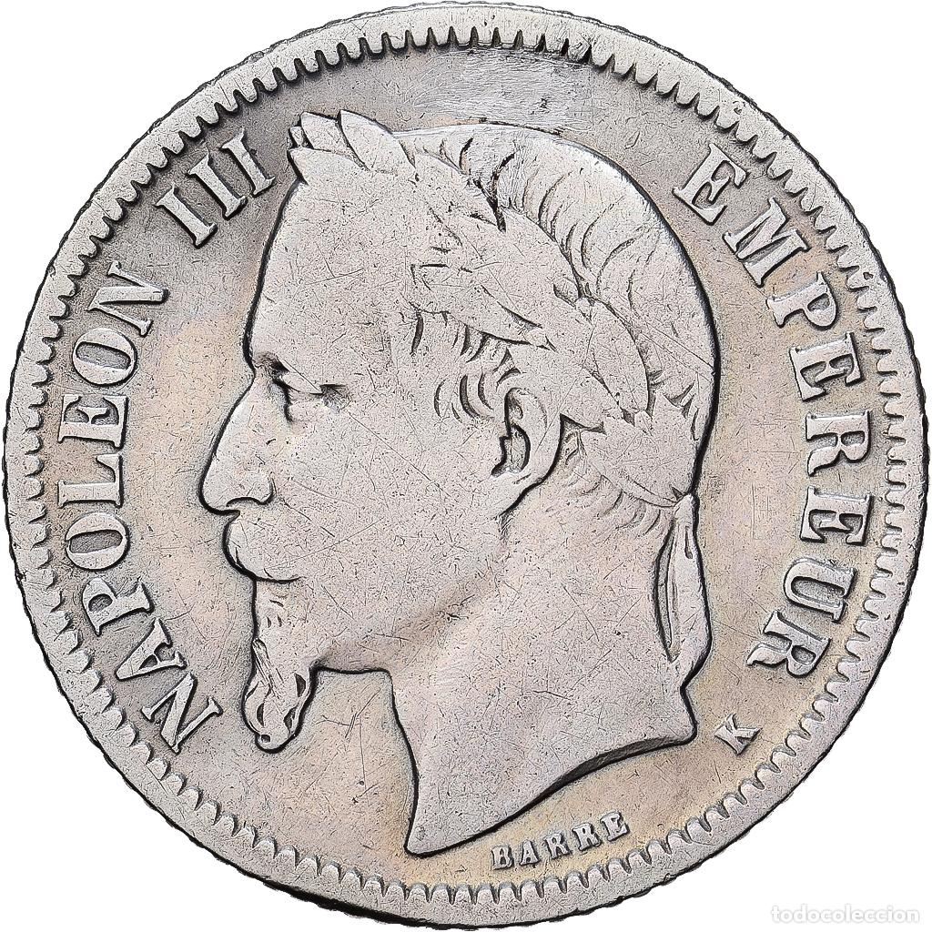 Monedas antiguas de Europa: [#1551189] Francia, Napoleon III, Franc, 1866, Bordeaux, Plata, BC, Gadoury:463, KM:806.3