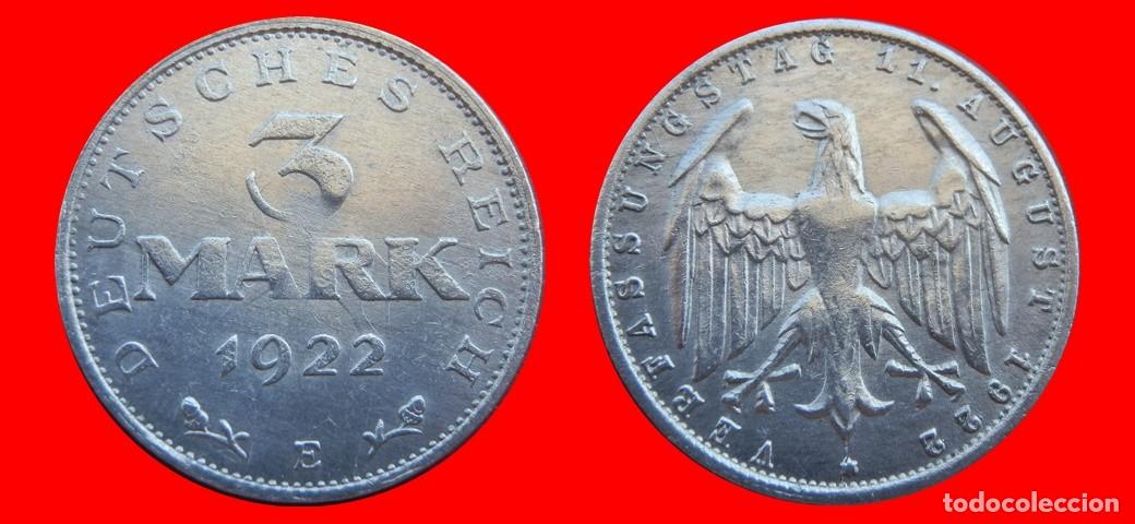 Monedas antiguas de Europa: 3 MARCOS 1922E KM-29 WEIMAR ALEMANIA-150820