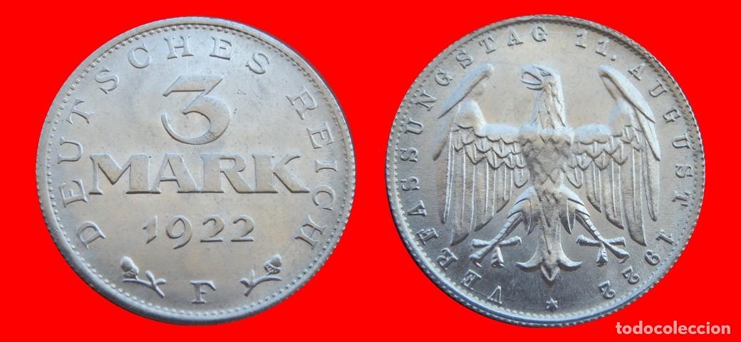 Monedas antiguas de Europa: 3 MARCOS 1922F KM-29 WEIMAR ALEMANIA-150821