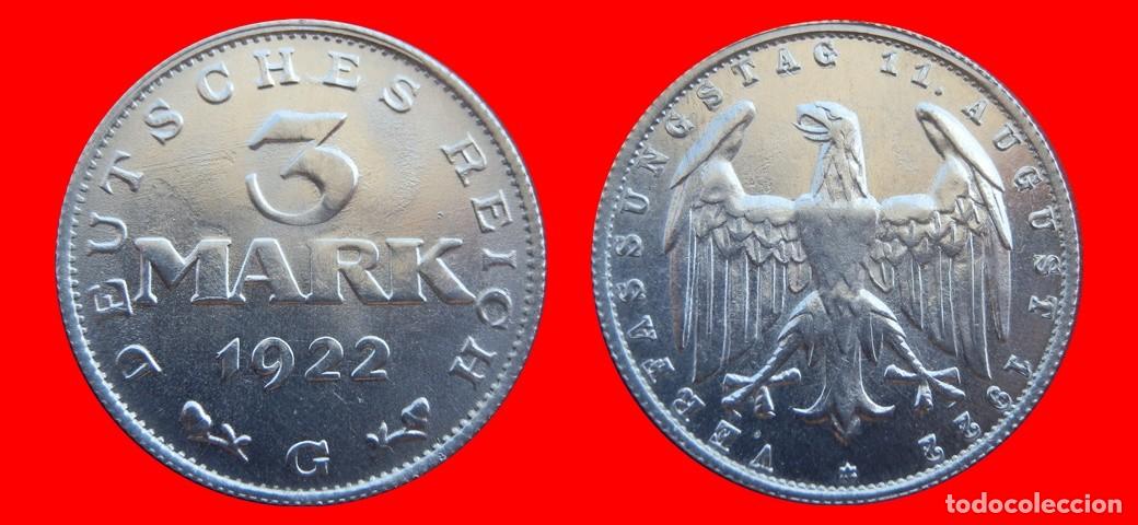 Monedas antiguas de Europa: 3 MARCOS 1922G KM-29 WEIMAR ALEMANIA-150822