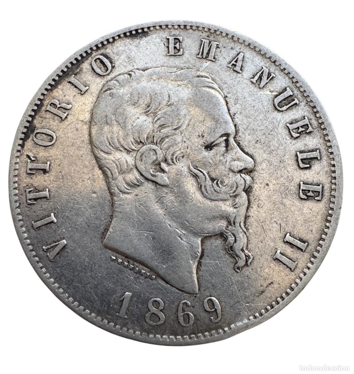 Monedas antiguas de Europa: Italia. Vittorio Emanuel II 5 Liras 1869 Milano Ag MBC/VF