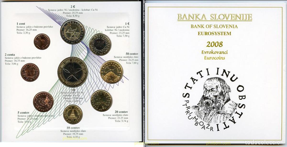 Monnaies anciennes de Europe: 35 ESLOVENIA 2008 CARTERA OFICIAL 2008 INCLUYE MONEDA 3 EUROS