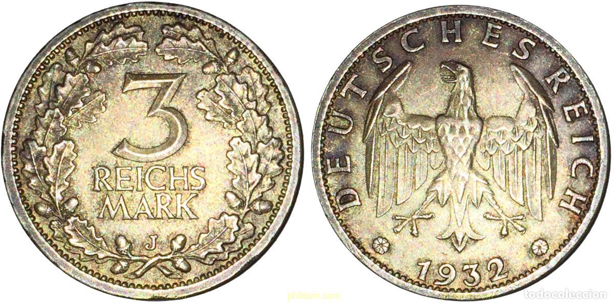 Alte M&uuml;nzen aus Europa: 1815 ALEMANIA 1932 3 MARK GERMANY ALEMANIA 1932 J SILVER