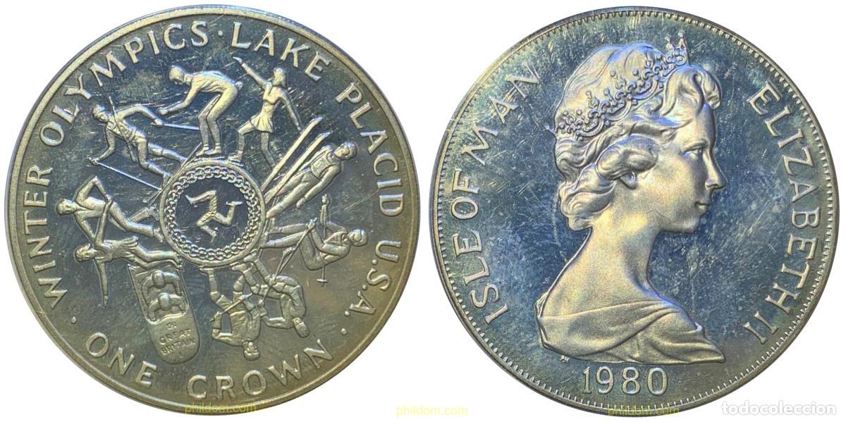 Old Coins of Europe: 2111 MAN 1980 1 CROWN 1980 MAN WINTER OLYMPICS LAKE PLACID SILVER
