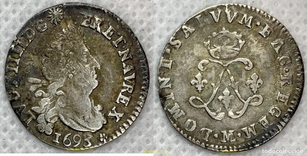 Monedas antiguas de Europa: 2583 FRANCIA 1693 LLOUIS XIV THE SUN KING QUADRUPLE SOL AUX DEUX M 1693 TOULOUSE
