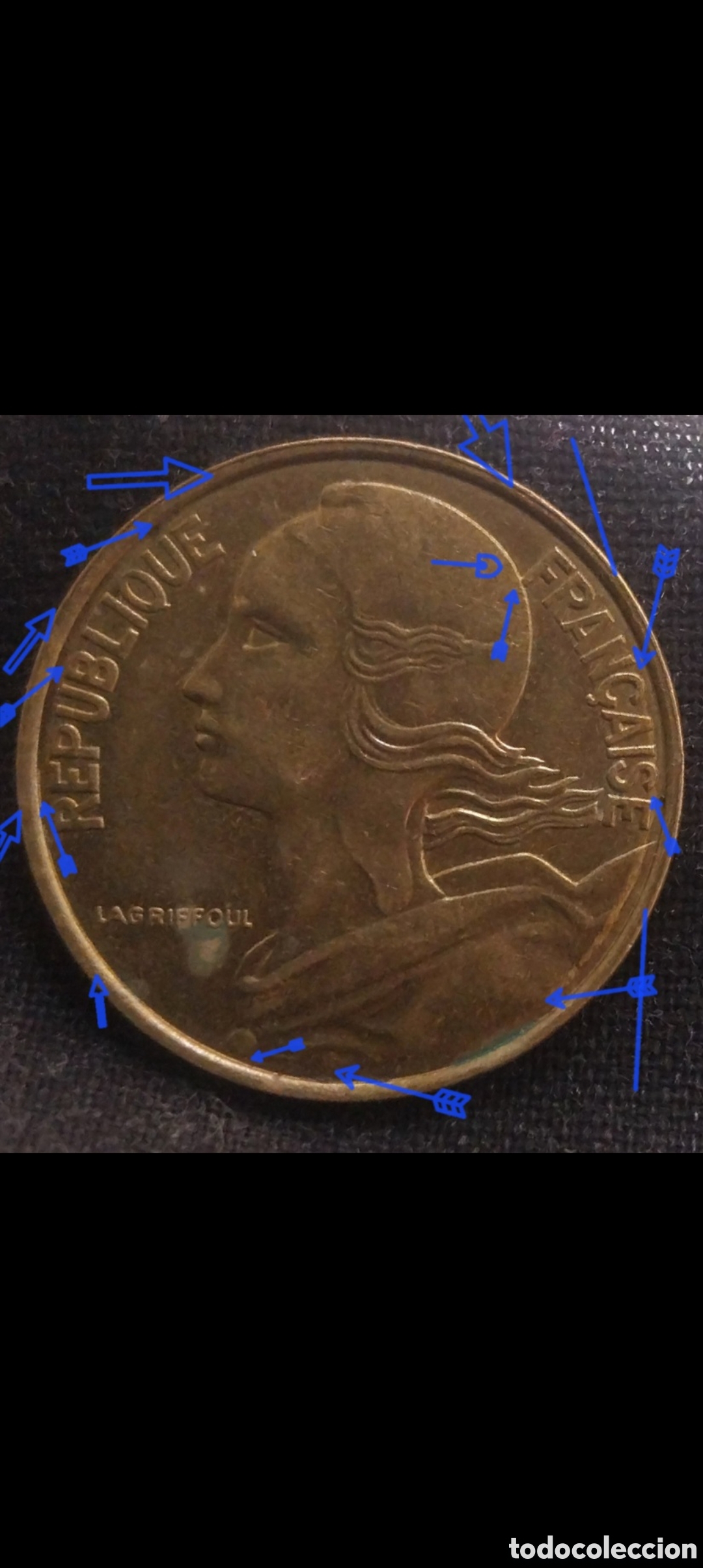 Monedas antiguas de Europa: ​Moneda de 10 Centimes 1997 Francia (MBC) &ndash; Espectacular Error de Acu&ntilde;aci&oacute;n por Hundimiento / Indent