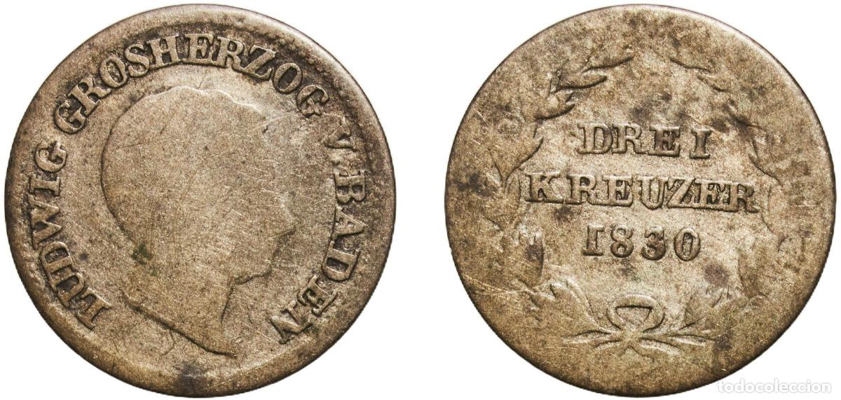 Monedas antiguas de Europa: Germany Grand Duchy of Baden 1830 3 Kreuzers - Louis I Billon (.375 silver) Staatliche M&uuml;nze Baden-