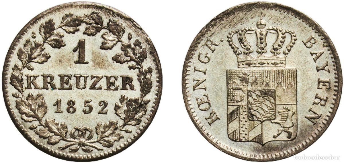 Monedas antiguas de Europa: Germany Kingdom of Bavaria 1852 1 Kreuzer - Louis I, Maximilian II Billon (.166 silver) Munich Mint