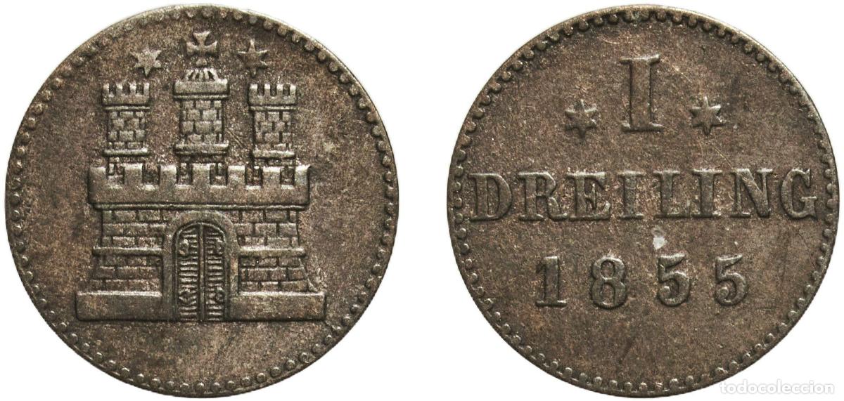 Monedas antiguas de Europa: Germany Free Hanseatic city of Hamburg 1855 1 Dreiling Billon (.187 silver) (2613000) 0.48g XF KM