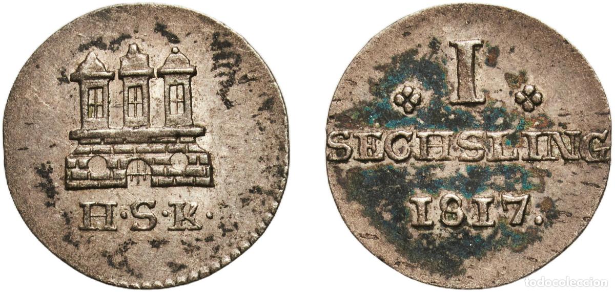 Monedas antiguas de Europa: Germany Free Hanseatic city of Hamburg 1817 HSK 1 Sechsling Billon (.250 silver) Hamburg Mint (4800
