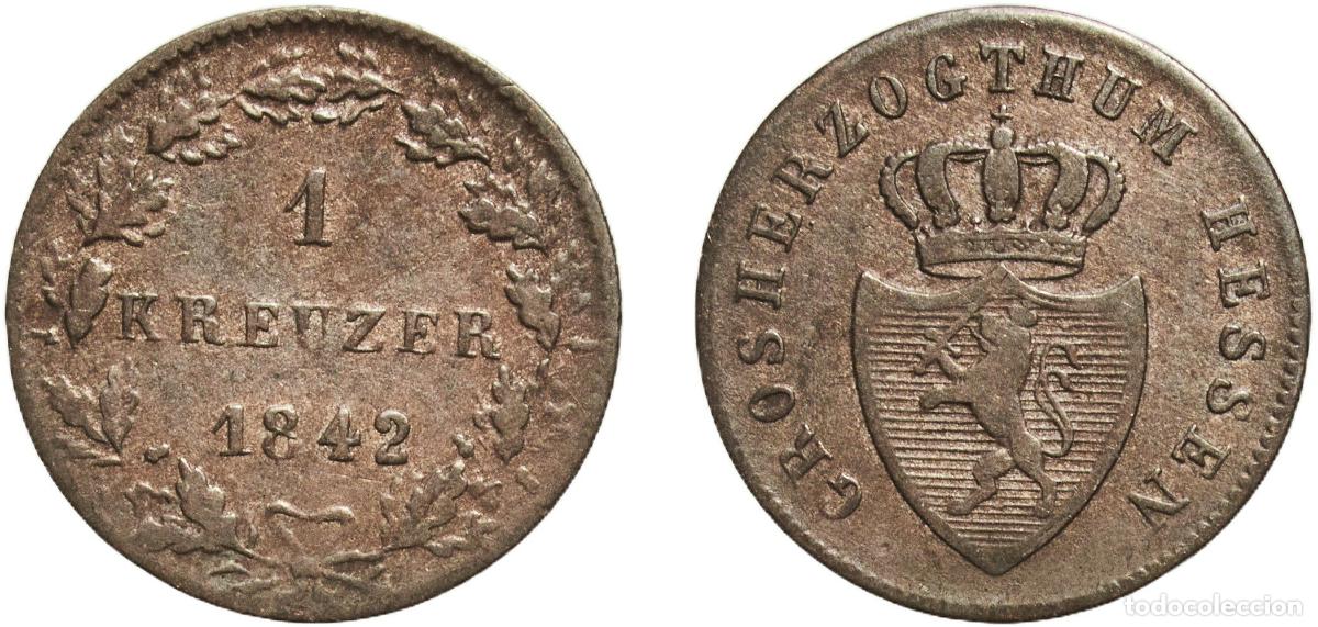 Monedas antiguas de Europa: Germany Grand Duchy of Hesse-Darmstadt 1842 1 Kreuzer - Louis II Billon (.166 silver) Darmstadt Min