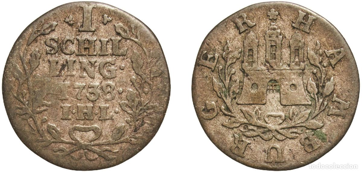 Monedas antiguas de Europa: Germany Free Hanseatic city of Hamburg 1738 1 Schilling Billon (.375 silver) Hamburg Mint (797000)