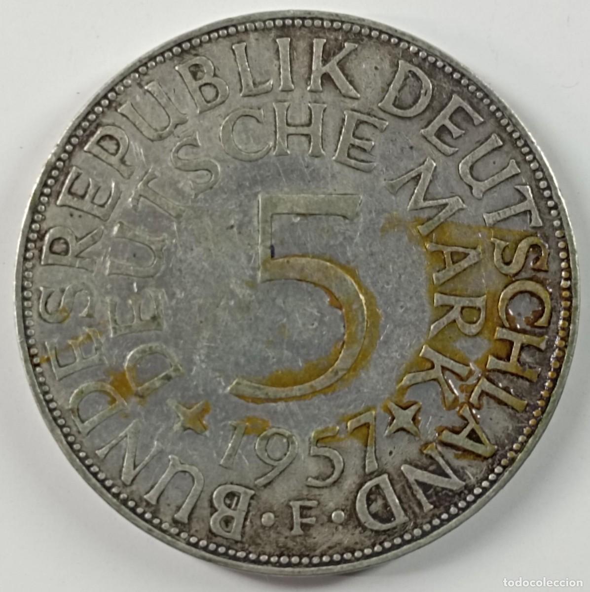 Monedas antiguas de Europa: Moneda de Alemania 5 Deutsche mark 1957 de plata