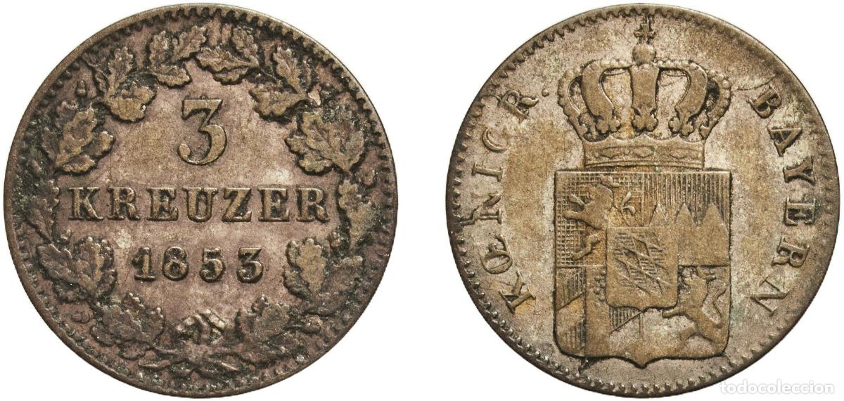 Monedas antiguas de Europa: Germany Kingdom of Bavaria 1853 3 Kreuzers - Louis I Billon (.333 silver) Munich Mint (280000) 1.17