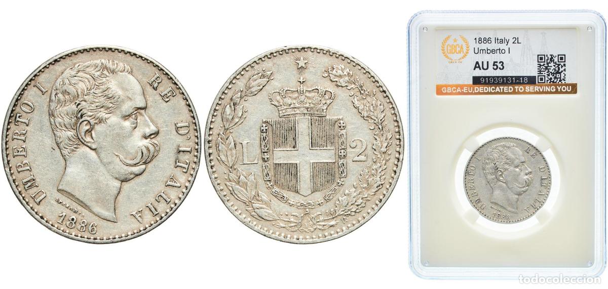 Monedas antiguas de Europa: Italy Kingdom 1886 R 2 Lire - Umberto I Silver (.835) (1901992) 10g GBCA AU KM 23