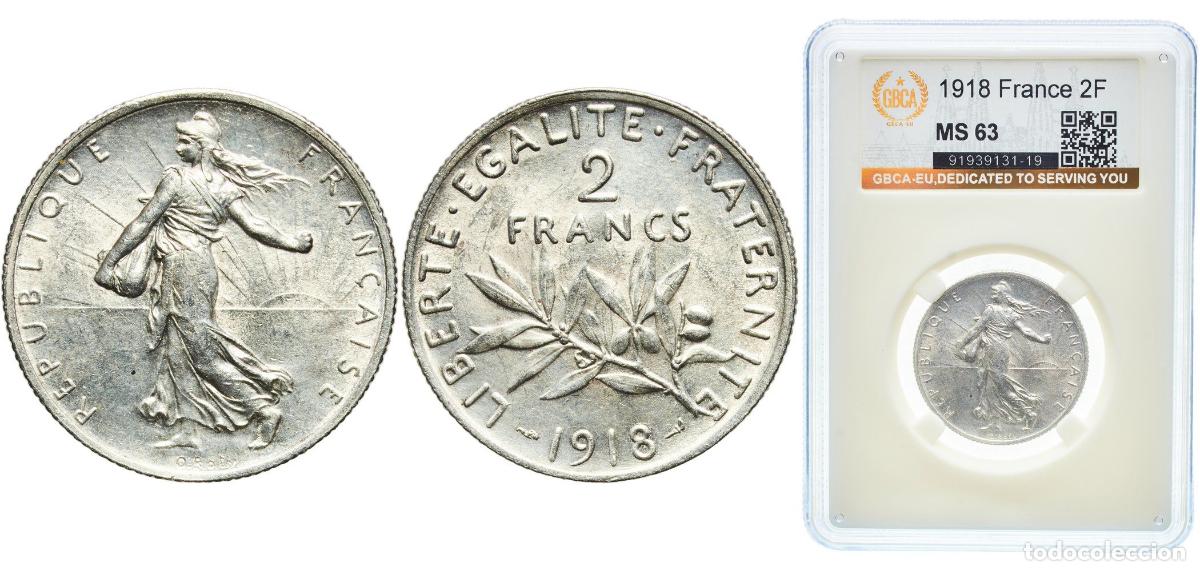 Monedas antiguas de Europa: France Third Republic 1918 2 Francs Silver (.835) (12026147) 10g GBCA MS Franc 2014 266/20 KM 845.1