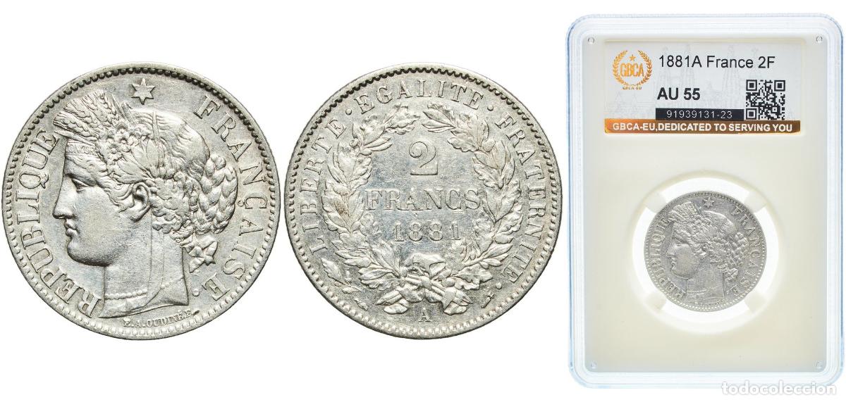 Monedas antiguas de Europa: France Third Republic 1881 A 2 Francs (Reverse Legend) Silver (.835) (1014000) 10g GBCA AU Franc 20