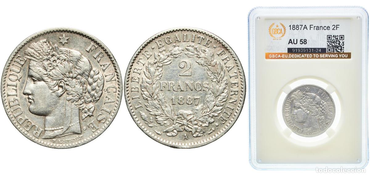 Monedas antiguas de Europa: France Third Republic 1887 A 2 Francs (Reverse Legend) Silver (.835) Paris Mint (2342903) GBCA AU F