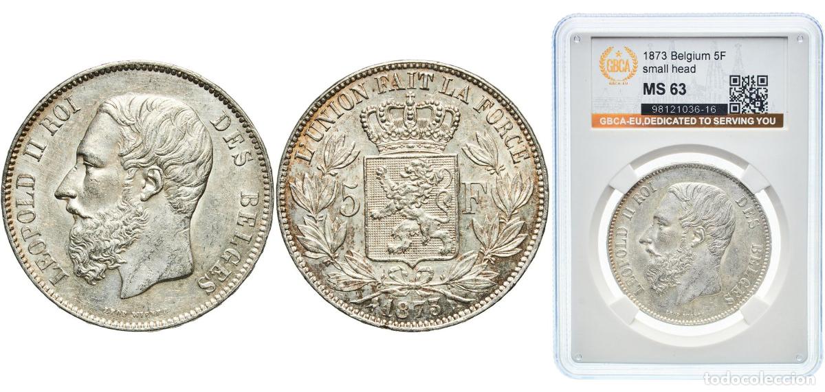 Monedas antiguas de Europa: Belgium Kingdom 1873 5 Francs - L&eacute;opold II (small head) Silver (.900) (10% copper) (22340959) 25g G