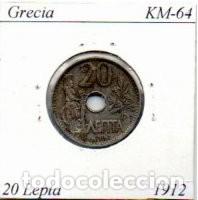 Moedas antigas da Europa: GRECIA 1912, 20 LEPTA, KM-64, MBC;