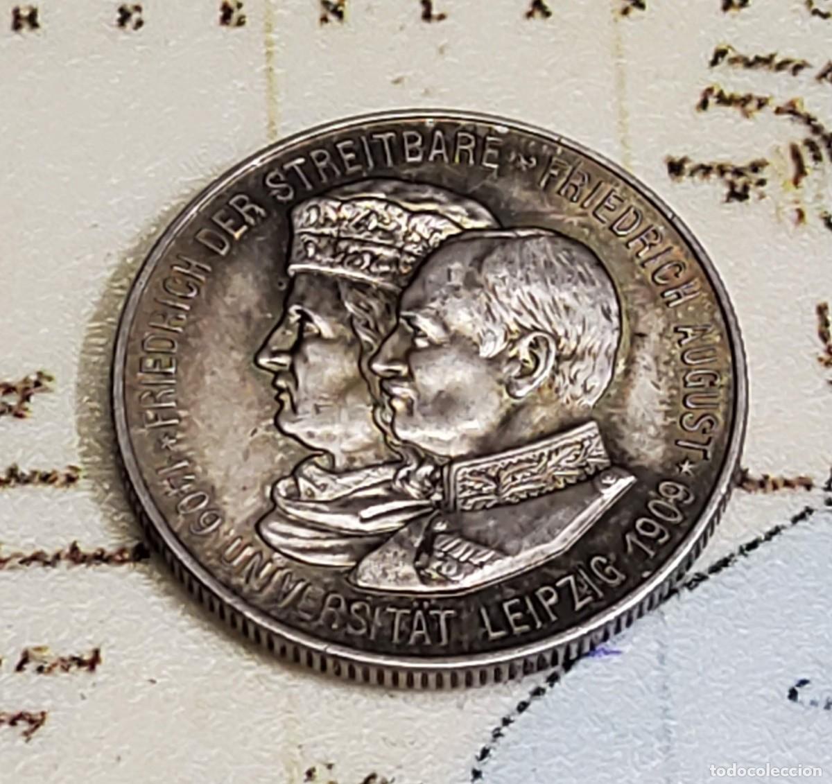 Monedas antiguas de Europa: 2 MARCOS DE PLATA DE FEDERICO AUGUSTO III UNIVERSIDAD LEIPZIG DE ALEMANIA DEL A&Ntilde;O 1909.SIN CIRCULAR.