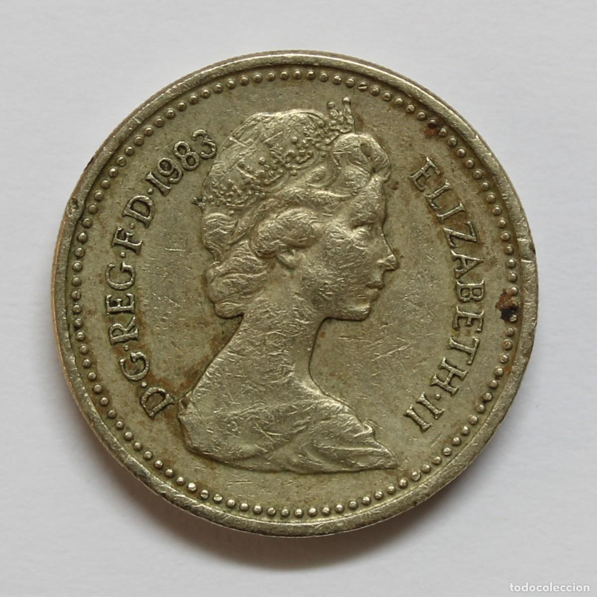 Monedas antiguas de Europa: 1 Pound 1983 Reino Unido Elizabeth II Canto Invertido Error Moneda UK Circulada