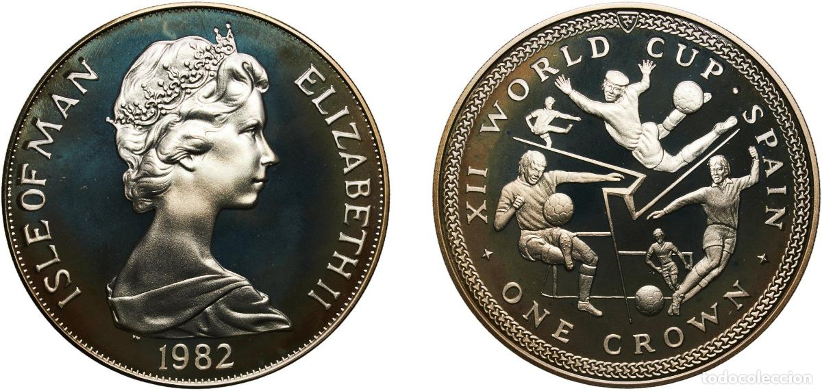 Monedas antiguas de Europa: Isle of Man 1982 PM 1 Crown - Elizabeth II (World Cup; Silver Proof Issue) Silver (.925) Pobjoy Min