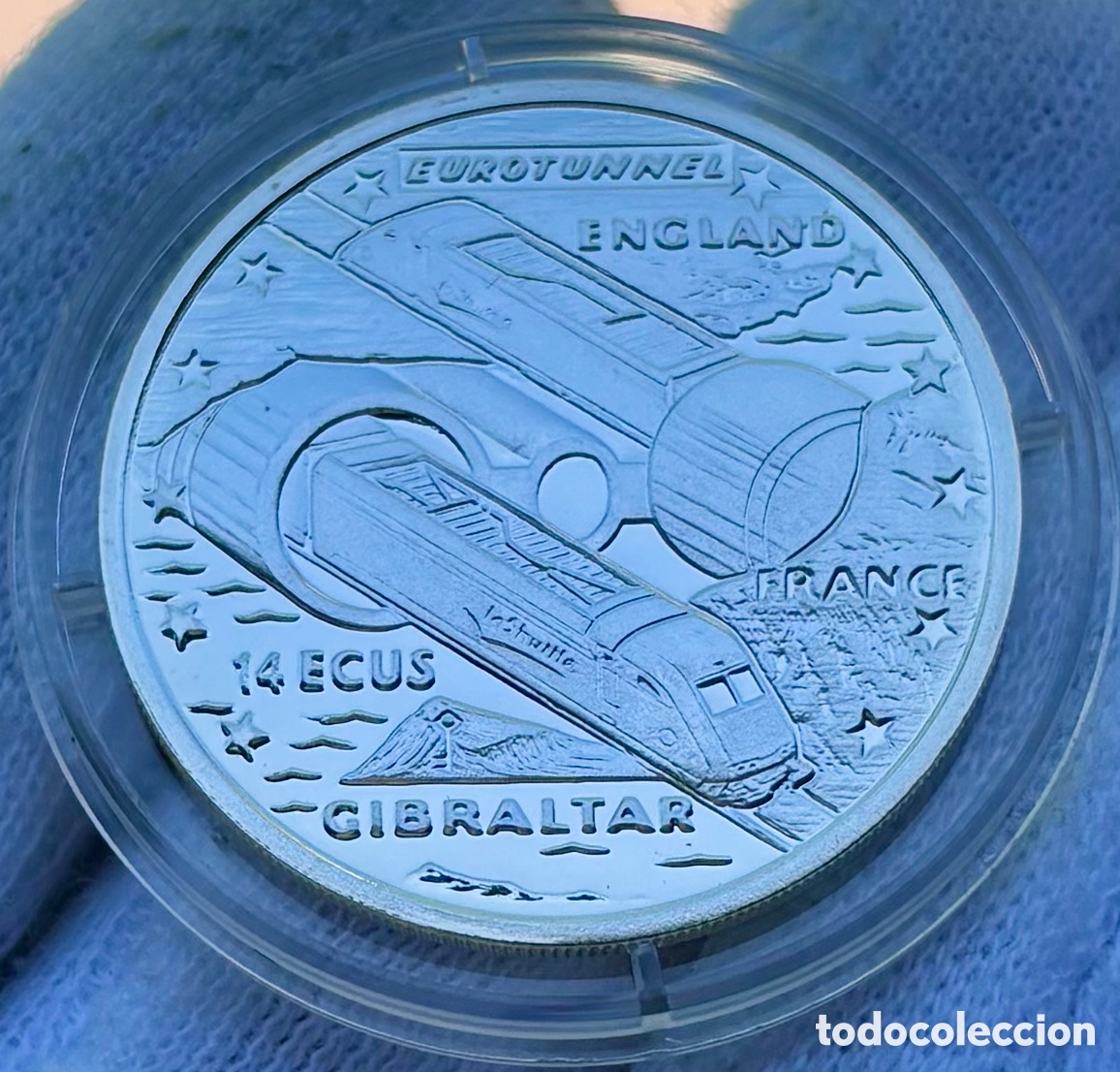 Monedas antiguas de Europa: Moneda PLATA GIBRALTAR 14 Ecus 1993 SC Proof Euro T&uacute;nel . C&aacute;psula