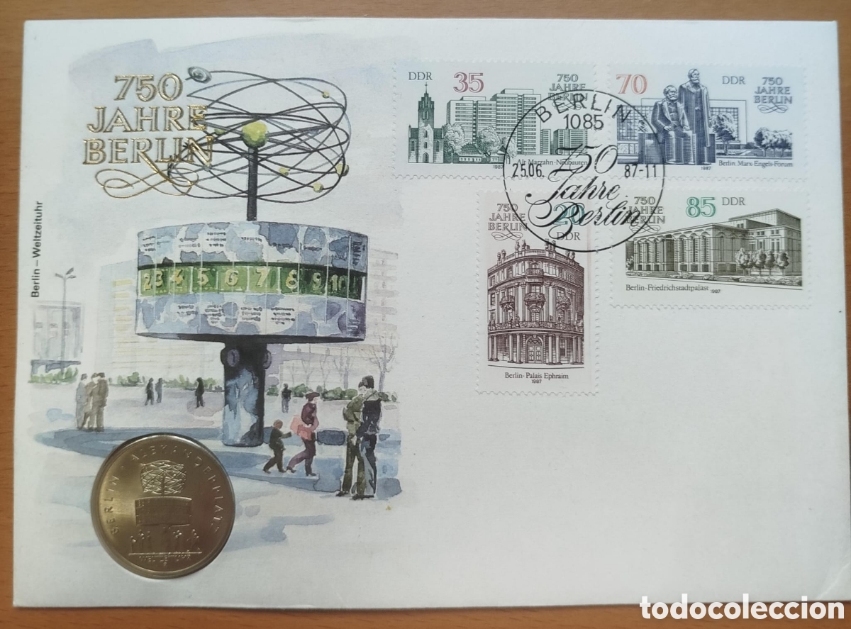 Monedas antiguas de Europa: Sobre Numism&aacute;tico DDR 1987 - 750 Aniversario Berl&iacute;n Alexanderplatz Moneda 5 Mark