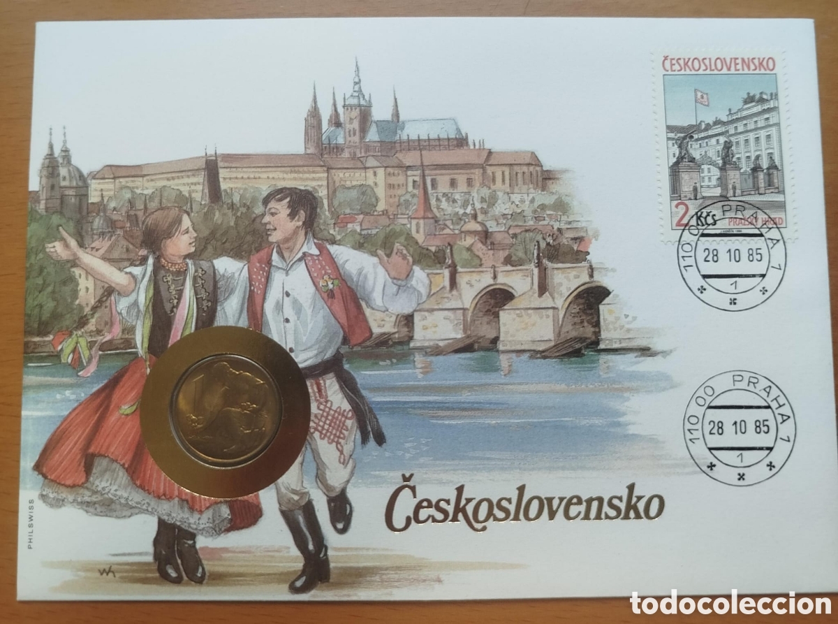 Monedas antiguas de Europa: Sobre Numism&aacute;tico Checoslovaquia 1985 Philswiss - Moneda Koruna Y Sello Praga