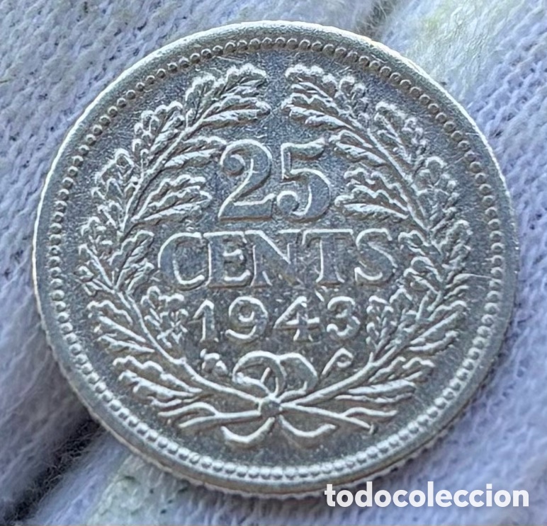 Monedas antiguas de Europa: Moneda PLATA HOLANDA 25 Cents 1943. Wilhelmina. Pa&iacute;ses Bajos