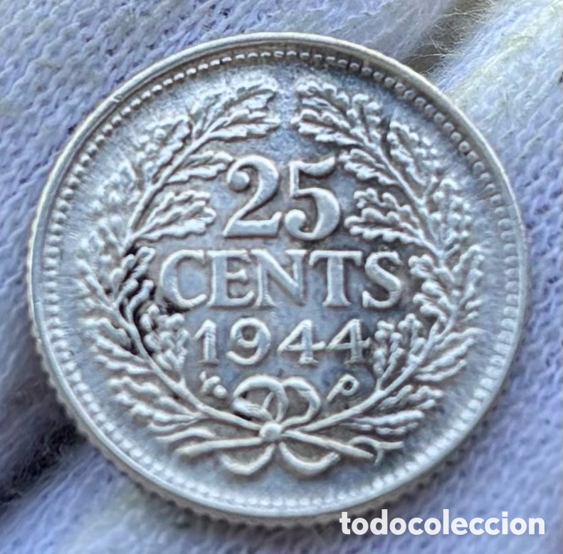 Monedas antiguas de Europa: Moneda PLATA HOLANDA 25 Cents 1944. Wilhelmina. Pa&iacute;ses Bajos