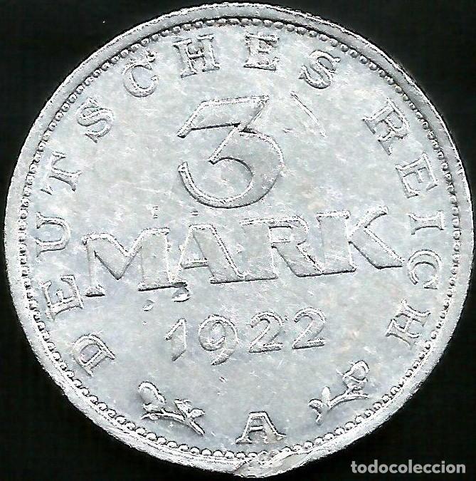 Monedas antiguas de Europa: ALEMANIA, WEIMAR 1922 A - 3 MARK - KM 29 - CIRCULADA