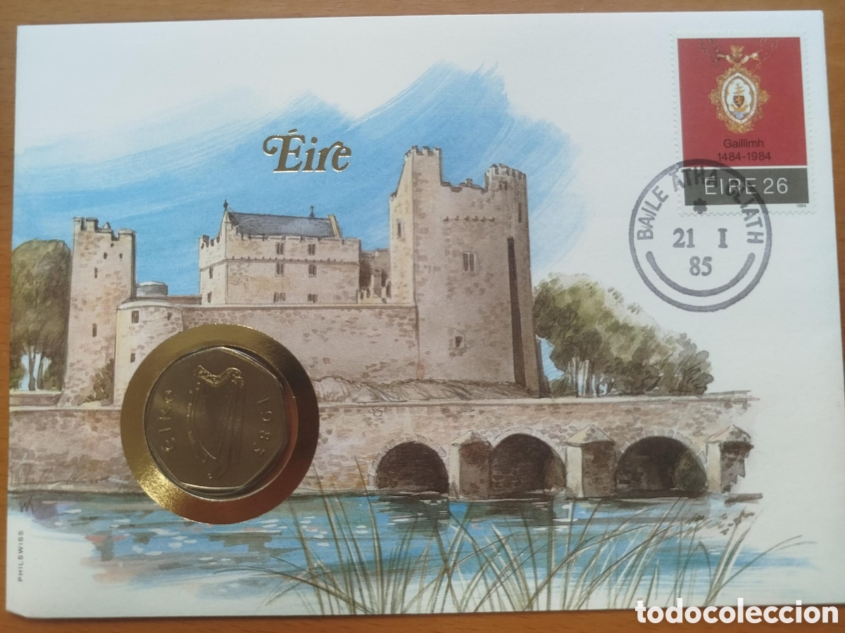 Monedas antiguas de Europa: Sobre Moneda 50 Peniques Irlanda 1985 + Sello